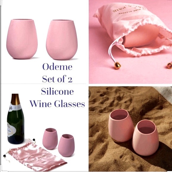 Sefora ODEME Silicone Wine Glasses set of TWO in pink travel bag BRAND NEW! - Picture 1 of 10